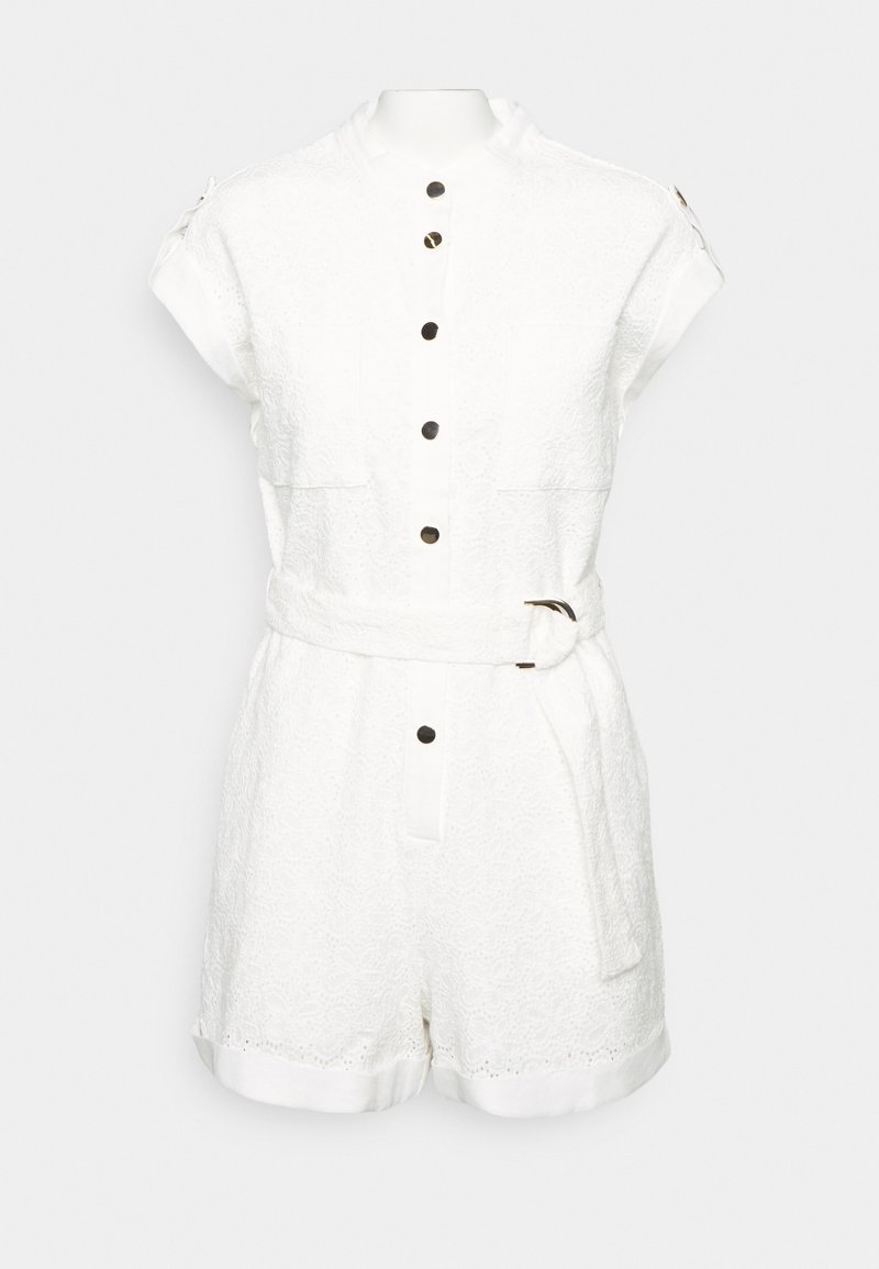 White short-sleeve jumpsuit with a textured pattern, front button closure, two chest pockets, and a belted waist.