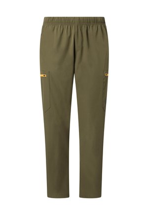 Pantalon droit vert olive avec taille élastique et poches latérales zippées munies de tirettes jaunes.