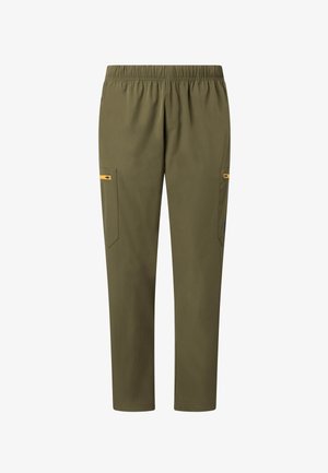 Pantaloni verde oliva a gamba dritta con cintura elastica e tasche laterali con cerniera dotate di tiranti gialli.