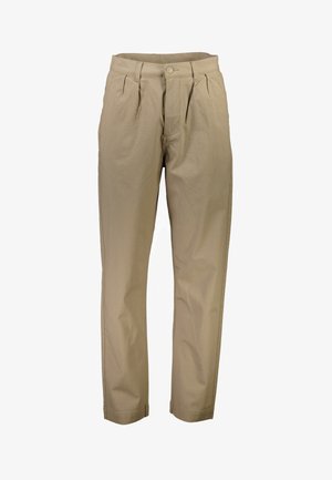 Beige katoenen broeken met een rechte snit, met twee voorplooien, een knoopsluiting en zakken aan de zijkanten. Glad textuur.