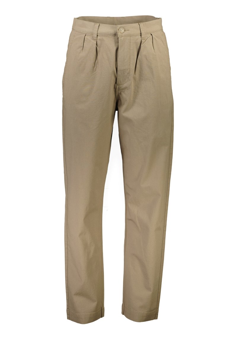 Pantaloni in cotone beige con taglio dritto, dotati di due pieghe frontali, chiusura con bottone e tasche laterali. Tessuto liscio.
