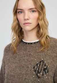 Bruine, fuzzy gebreide trui met een zwart logopatroon en versieringen op de borst; heeft een witte geribbelde halslijn en een gestructureerd oppervlak.