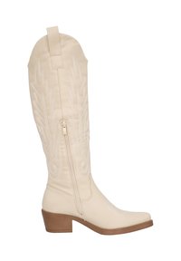 Botas de vaquero color crema hasta la rodilla, hechas de material sintético. Con bordado blanco y cremallera lateral. Tacón bajo apilado.
