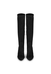 Stivali neri in suede alti fino al ginocchio con punte appuntite e una texture liscia. Presentano una zip sul lato esterno e una silhouette aderente.