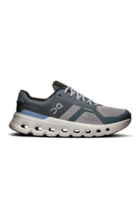 Graue und blaue Sportschuhe mit einem oberen Mesh-Bereich, gepolsterten Sohlen und einer markanten cloud-ähnlichen Unterseite. Verfügt über ein markiertes Logo und strukturierte Akzente.