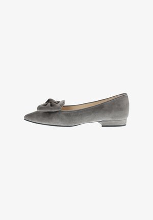 Gray suede women's flat shoe with pointed toe, low heel, and decorative bow on front side.