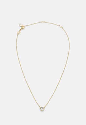 Gold chain necklace with a round pendant featuring a clear stone. The chain has a delicate, twisted design and a secure lobster clasp.