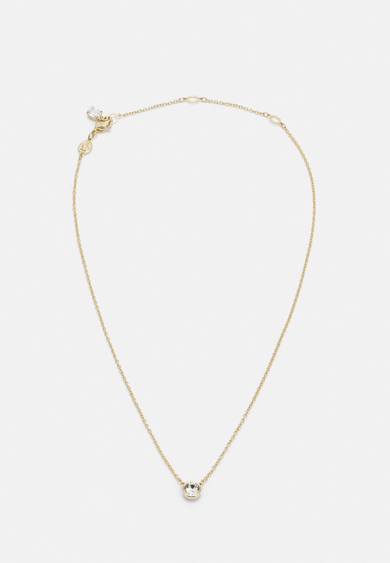 Collier en or avec un pendentif rond et une pierre claire. La chaîne présente un design délicat et torsadé, ainsi qu'un fermoir en mousqueton sécurisé.