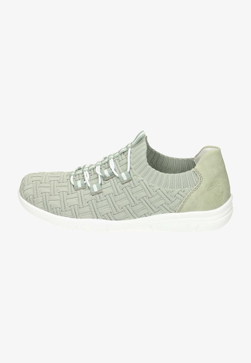 Light green knit sneaker featuring a woven texture, white rubber sole, and soft suede accent at the heel; elastic laces for easy wear.