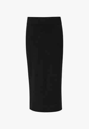 Black knit pencil skirt with a high waistband, smooth texture, and ribbed hem detail, designed for a fitted silhouette.