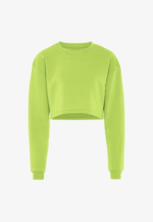 Felpa corta di un vivace verde lime, realizzata in morbido tessuto, presenta maniche lunghe e un collo rotondo con dettagli a costine.