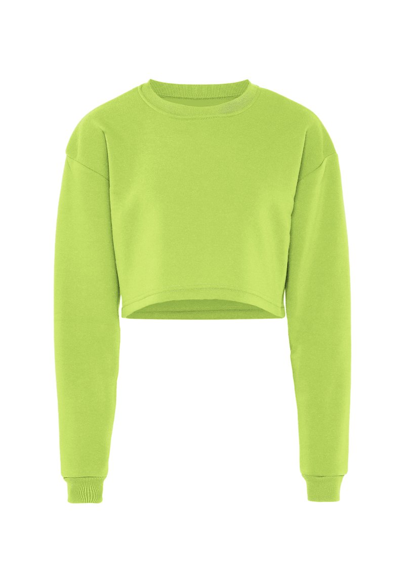 Kort sweatshirt in fel limoengroen, gemaakt van zachte stof, heeft lange mouwen en een ronde halslijn met ribgebreide accenten.