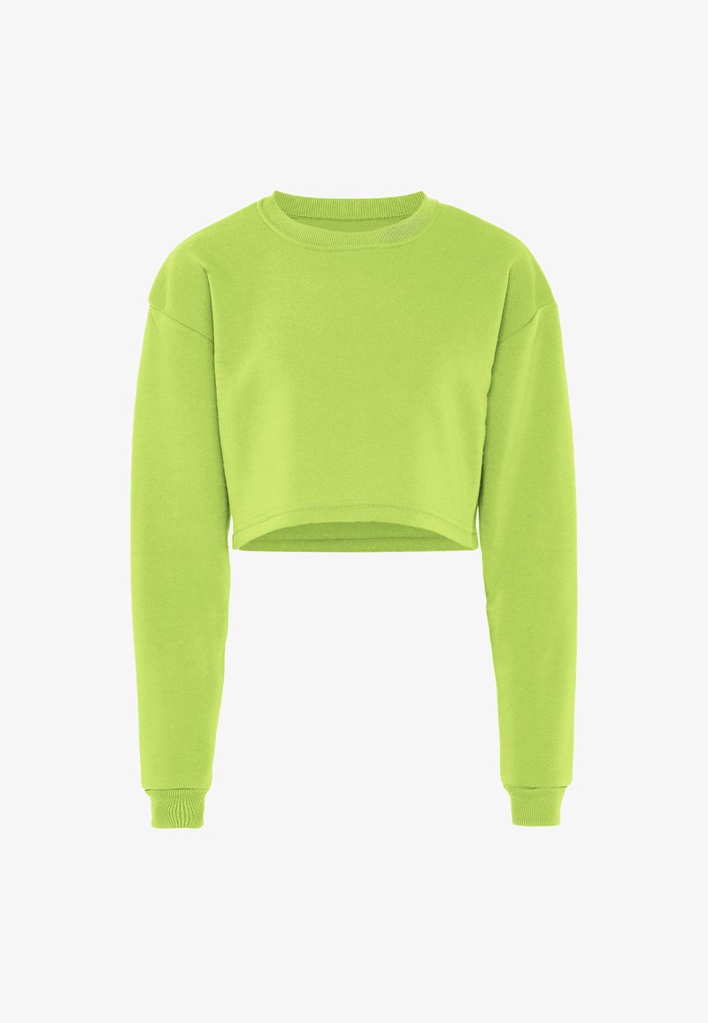 Kort sweatshirt in fel limoengroen, gemaakt van zachte stof, heeft lange mouwen en een ronde halslijn met ribgebreide accenten.