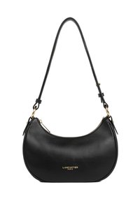 Borsa a mano in pelle nera con forma curvata, caratterizzata da un logo dorato, chiusura con zip e una lunga tracolla intrecciata.