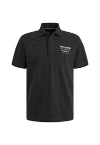 Donkergrijze polo-shirt van katoen, met een kraag en drie knopen. Het heeft gele en witte bedrukte tekst op de linkerborst.