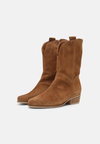 Bruine suède cowboylaarzen met een korte schacht, pointed toe en een gestapelde hak. Ritssluiting aan de achterkant en subtiele stiksels.
