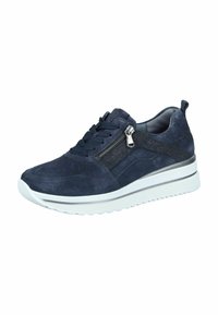 Navy blue suede sneaker featuring a textured side panel, front laces, zip detail, and white rubber sole with a ridged pattern.