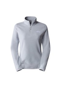 Sudadera de forro polar gris claro con cuello alto y cremallera hasta la mitad. Presenta un logo sutil en el pecho y una textura suave en toda la prenda.