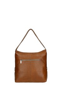 Brązowa skórzana torba na ramię z teksturowaną powierzchnią, górnym uchwytem i przednią kieszenią na zamek błyskawiczny. Prosty design, prostokątny kształt.