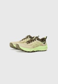 Baskets légères de sport en beige et vert. Tige en mesh avec des lacets marron, une semelle texturée et une semelle intermédiaire rembourrée pour le confort.