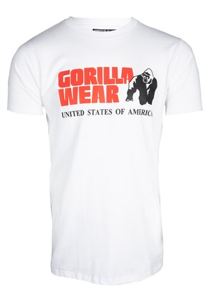 Witte katoenen t-shirt met "GORILLA WEAR" in vetrode letters boven een zwart gorilla-graphic, met daaronder "VERENIGDE STATEN VAN AMERIKA".