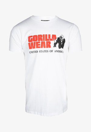 Witte katoenen t-shirt met "GORILLA WEAR" in vetrode letters boven een zwart gorilla-graphic, met daaronder "VERENIGDE STATEN VAN AMERIKA".