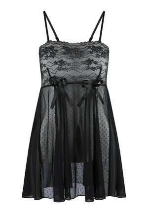Black lace babydoll nightgown with thin straps, dotted mesh texture, and two matching ribbon ties at the waist, offering a soft, flowing silhouette.