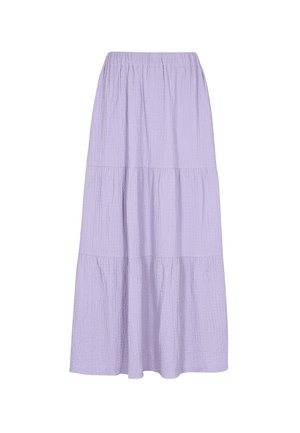 Lila midi krilo z večplastnim dizajnom, izdelano iz strukturirane tkanine, z elastičnim pasom za udobje in enostavno nošenje.