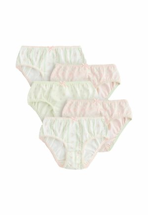 Five pairs of pastel-colored girls' cotton underwear with small floral prints and pink bow accents arranged in two rows.