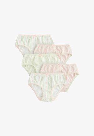 Fem par pastel-farvet bomuldstrusser til piger med små blomsterprint og lyserøde sløjfedetaljer arrangeret i to rækker.
