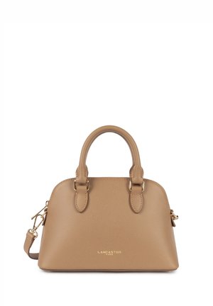 Borsa della tonalità tan con due manici corti, accessori in metallo dorato, logo sul davanti e tracolla staccabile. Finitura liscia.