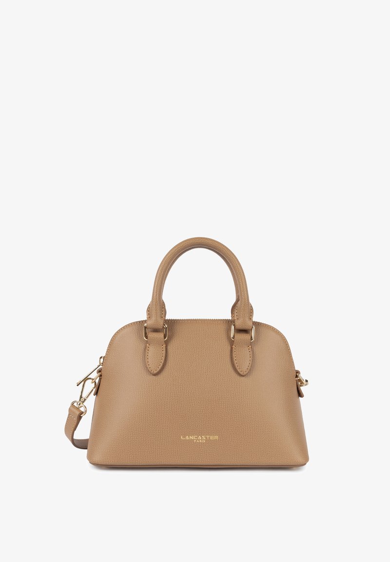 Borsa della tonalità tan con due manici corti, accessori in metallo dorato, logo sul davanti e tracolla staccabile. Finitura liscia.