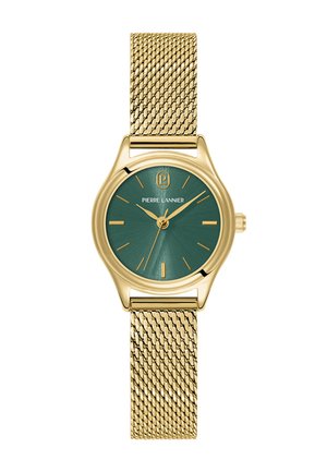 Reloj de pulsera con correa de malla dorada, esfera verde, marcadores de hora y manecillas doradas, mostrando la hora 10:09:37.