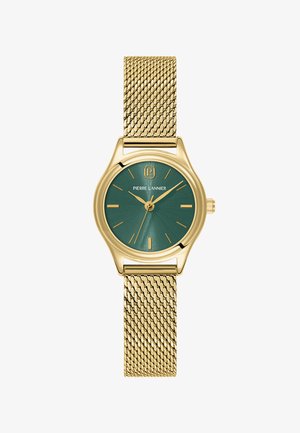 Kultainen verkkoranneke, vihreä kellotaulu, kultaiset tuntimerkinnät ja osoittimet, näyttäen aikaa 10:09:37.