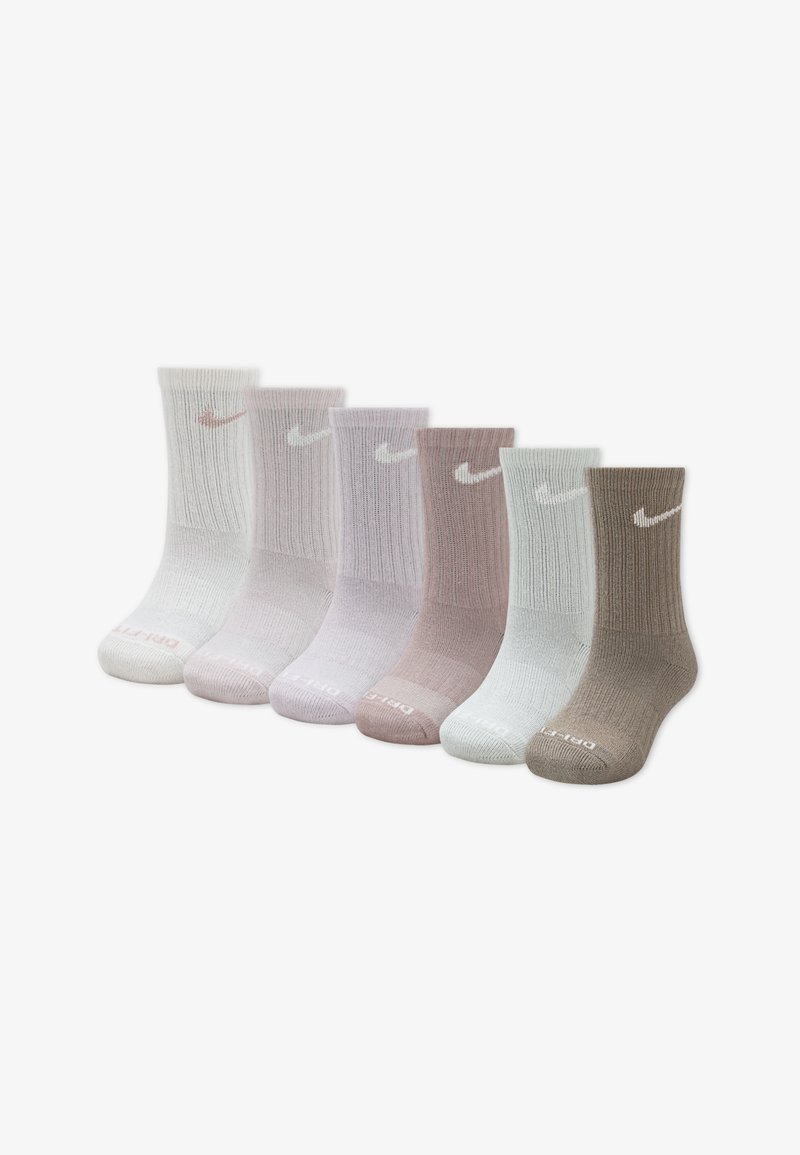 Ensemble de six paires de chaussettes à côtes en mélange de coton doux. Couleurs : blanc, rose clair, mauve, gris clair et marron. Logo de la marque visible.