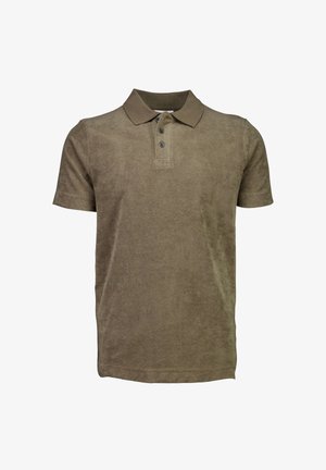 Olive green polo-paita lyhythihaisena, valmistettu pehmeästä kankaasta, jossa on kauluspaita ja kolme nappia, sekä sileä rakenne.