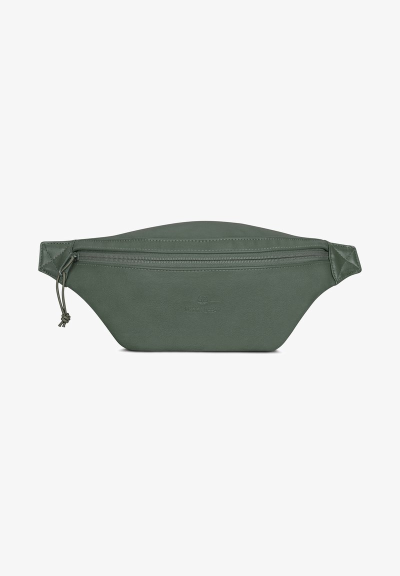 Minimalistisk olivengrøn læderbæltetaske med lynlås øverst og detaljer med syninger, bred krop, der smalner mod enderne med trækflig og lynlåstræk.
