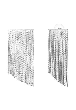Metallkettenvorhang in Silber mit einem Muster aus verbundenen Ketten. Texturiert mit einem fließenden Design, geeignet für Innenraumtrennungen.