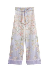 Wijde broek met pastel bloemmotief, lichtpaarse basis en een gestrikte strikband bij de elastische tailleband.