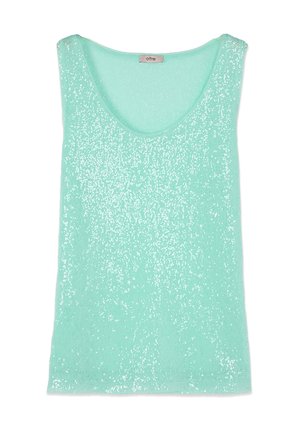 Miętowa zielona bezrękawnikowa koszulka na ramiączkach z dekoltem w kształcie litery U, pokryta drobnymi połyskującymi cekinami, z etykietą "Oltre" przy tylnej kołnierzu.