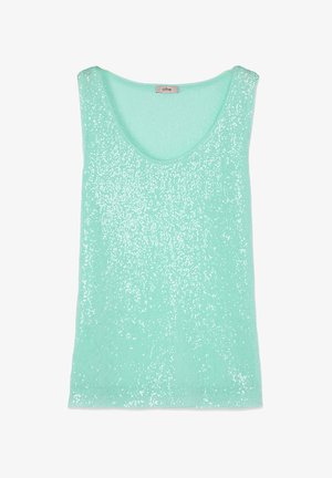 Canottiera verde menta senza maniche con scollo a U, ricoperta di piccoli paillettes scintillanti, con etichetta "Oltre" sul retro del colletto.
