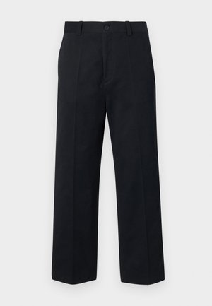 Black trousers with a straight fit, made from solid fabric. Features a button closure, belt loops, and two front pockets. Clean, minimal design.
