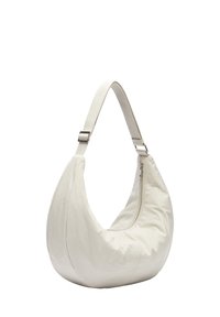 Borsa hobo in tessuto bianco con forma rotonda, texture liscia e chiusura con zip. Dotata di una tracolla rimovibile e regolabile.