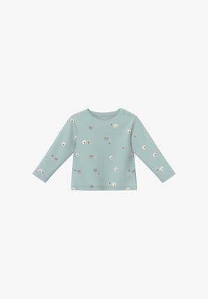 Langemouwen shirt van lichtblauwe stof met een zachte textuur, voorzien van een print van verschillende gekleurde uilen en schouderknopen voor gemak.