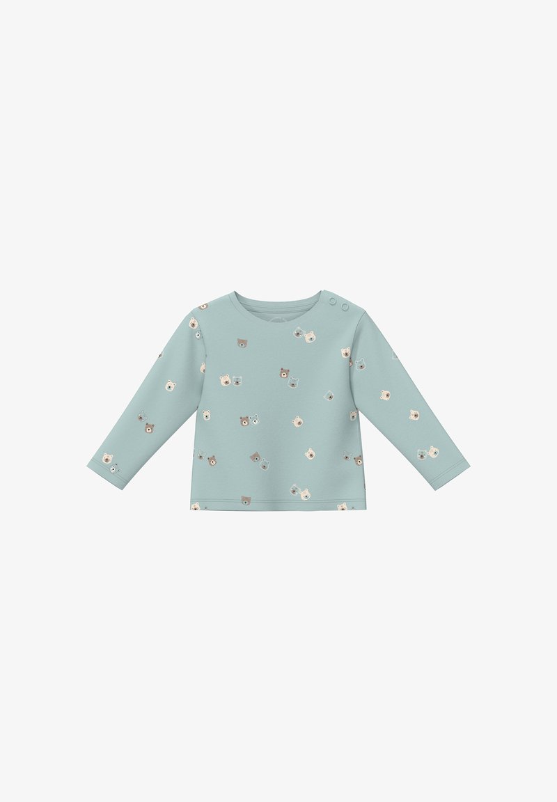 Langarmhemd aus hellblauem Stoff mit weicher Textur, dekoriert mit einem Druck von verschiedenen bunten Eulen und Schulter-Druckknöpfen für einfaches An- und Ausziehen.