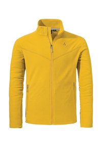 Gelbe Fleecejacke mit hohem Kragen, Frontreißverschluss und zwei seitlichen Reißverschlusstaschen. Verfügt über diagonale Nahtakzente und ein Logo.