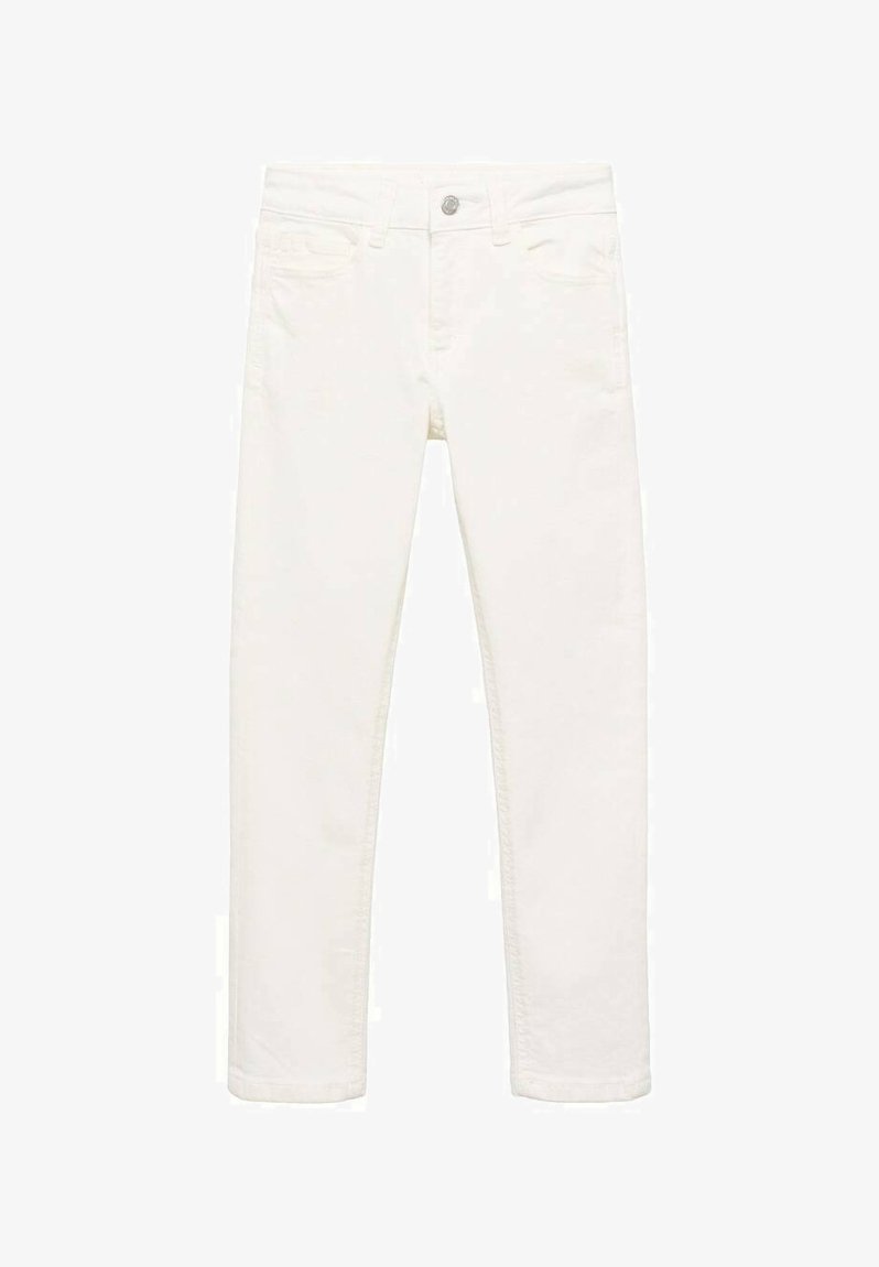 Bijele traperice s ravnim nogavicama, s kopčanjem na gumb, dizajnom od pet džepova i suptilnim detaljima šivanja.