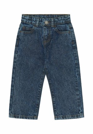 Jean en denim bleu foncé pour tout-petit avec taille élastique, fermeture par bouton et poches avant et arrière.