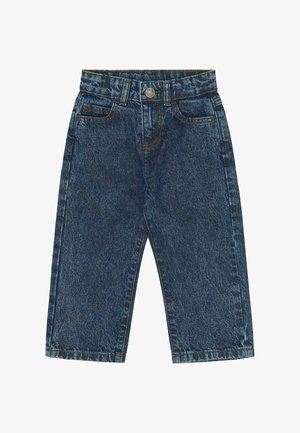 Donkerblauwe denim peuterjeans met elastische tailleband, knoopsluiting en voor- en achterzakken.