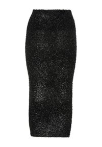 Black, fluffy knit midi skirt with a fitted silhouette, featuring a high waist. Soft texture with a slight sheen, designed for a tailored look.